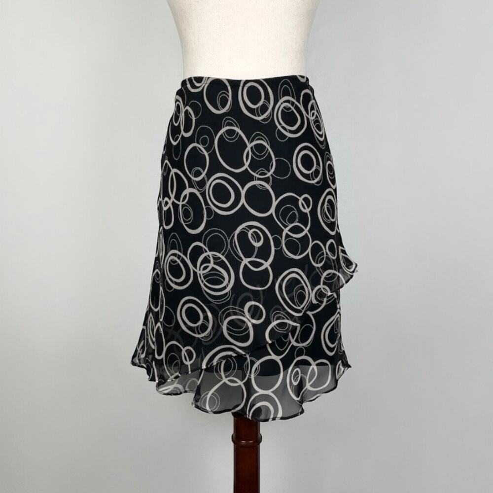 Vintage y2k R&K Originals Tiered Midi Skirt Womens 6P Black Tan Circle Print